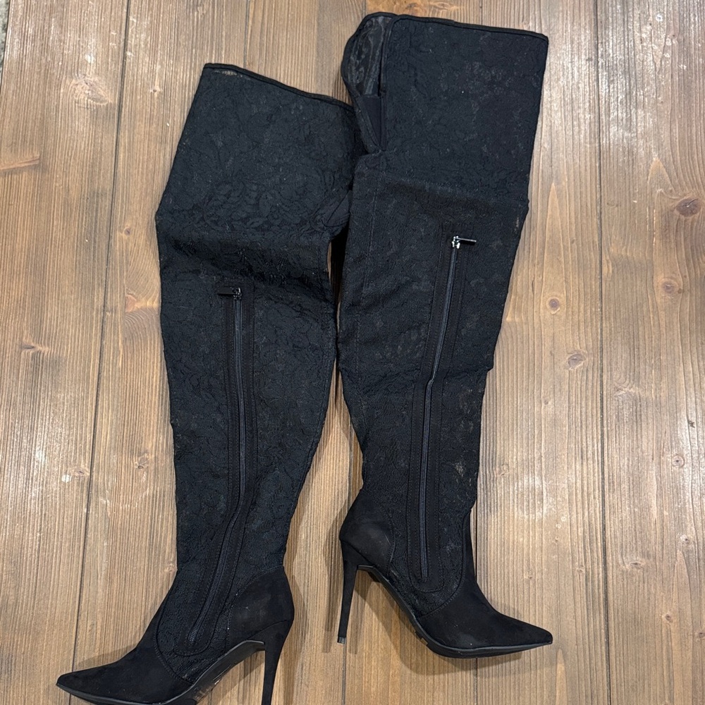 Anne Michelle Black Lace Over-the-Knee Boots